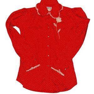 Vintage tru west rockmount Red Polka Dot Blouse lace pearl snaps size medium/36